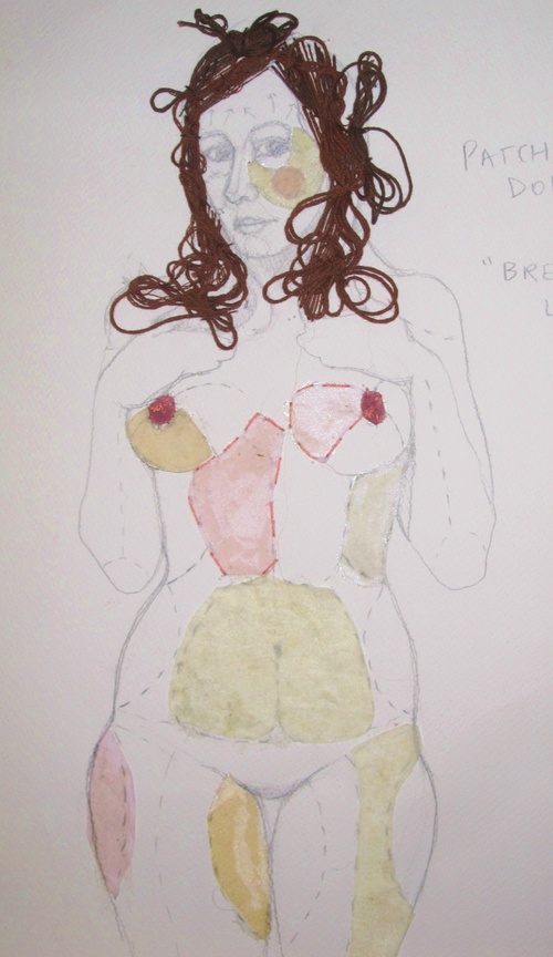 "Breast Lift" Pencil, Fabric And Embroidery Thread On Paper.