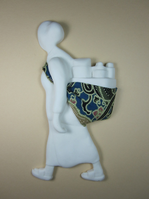 Mbok Jamu (Single Close Up); Southern Ice Porcelain, Batik; Unglazed; 5 Pieces On 38x82cm Frame; 2012