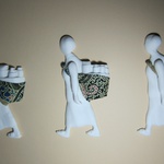 Mbok Jamu (Three Close Up); Southern Ice Porcelain, Batik; Unglazed; 5 Pieces On 38x82cm Frame; 2012