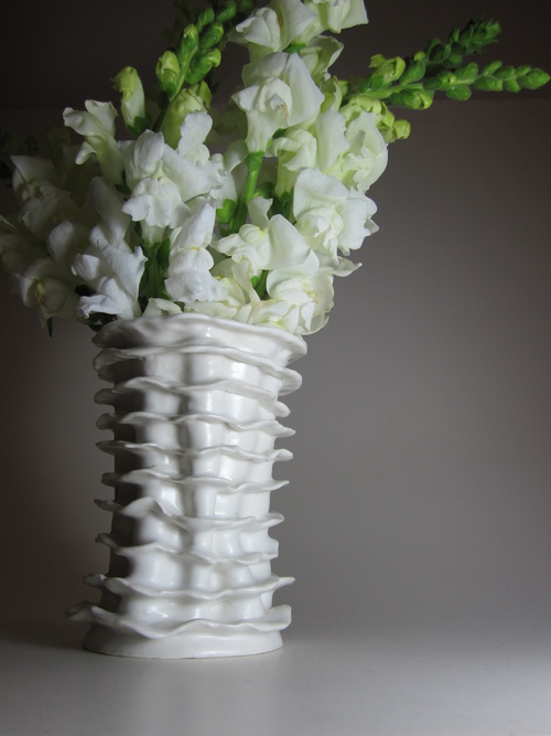 Vase 3 (With Flowers); Porcelain, Hand Built, Clear Glazed, Cone 10 Oxidation; Various Sizes; 2011