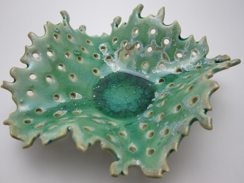 Small Plate 1; Porcelain; Green Crazing Glaze With Small Crystalisation, Cone 10 Oxidation; 15x15x5cm; 2011