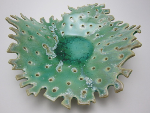 Small Plate 4; Porcelain; Green Crazing Glaze With Small Crystalisation, Cone 10 Oxidation; 15x15x5cm; 2011