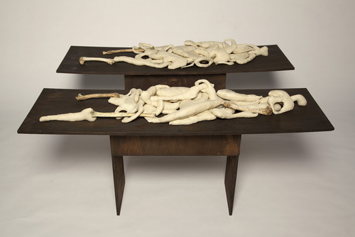 'Tender Marrow' 2012; Found Animal Bones, Fabric, Polyester Wadding, Thread, Wood. 120x45x40cm (X2).