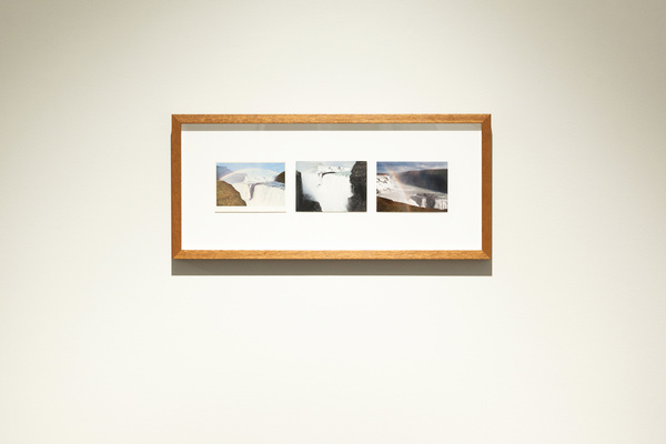 I Wonder How Close I Can Get To You Without Being Near You, 2013, Vintage Postcard, Contemporary Postcard And Artists’ Own C Type Photograph Of Gullfoss Waterfall, Blue Metal Rail Ballast, Metal Pole, Chain, Dimensions Variable, Edition Of 3 + Ap. Photo: 