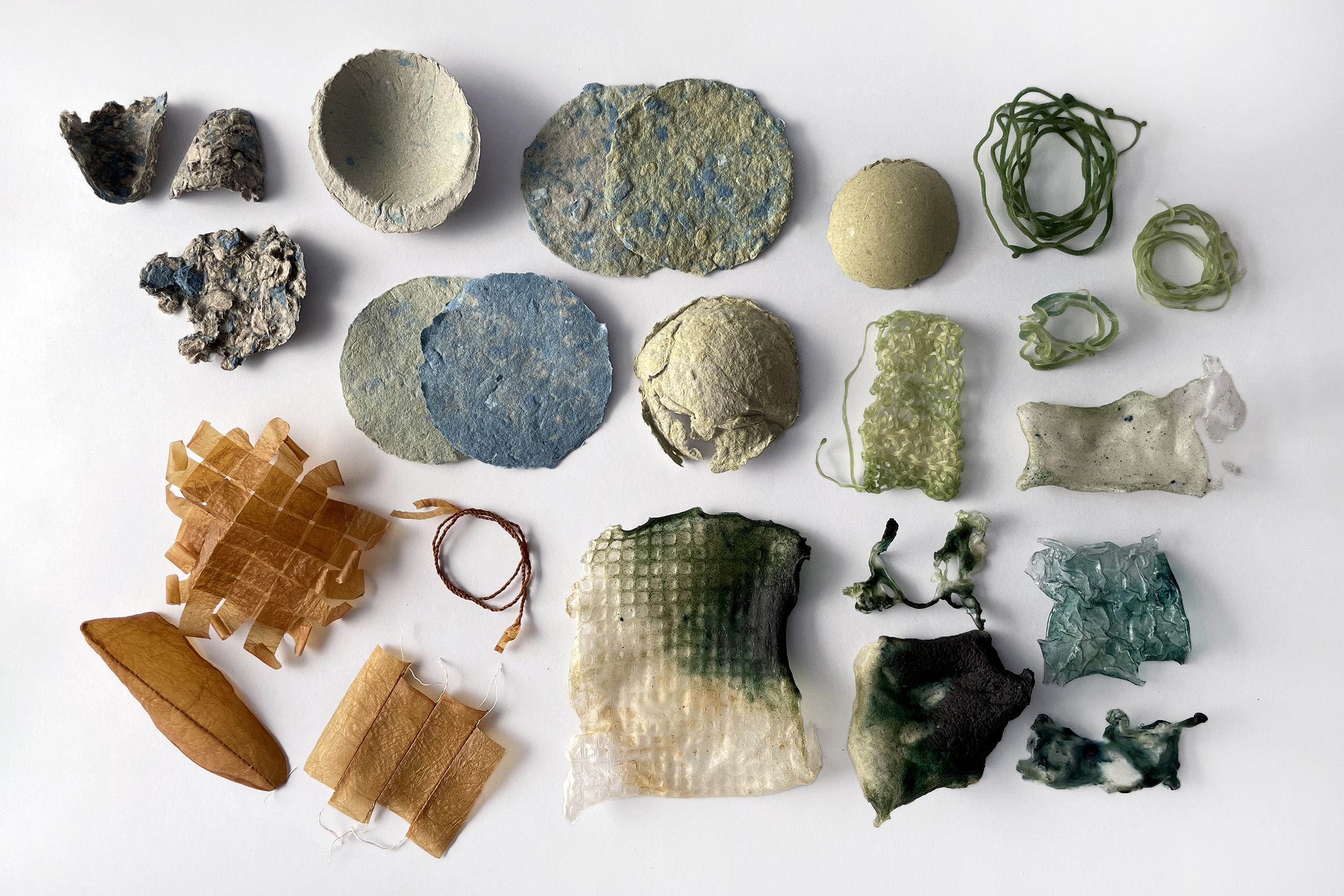 Aimee Sou - Kombucha leather, alginate bioplastic, recycled paper, sterling silver, and stainless steel wire