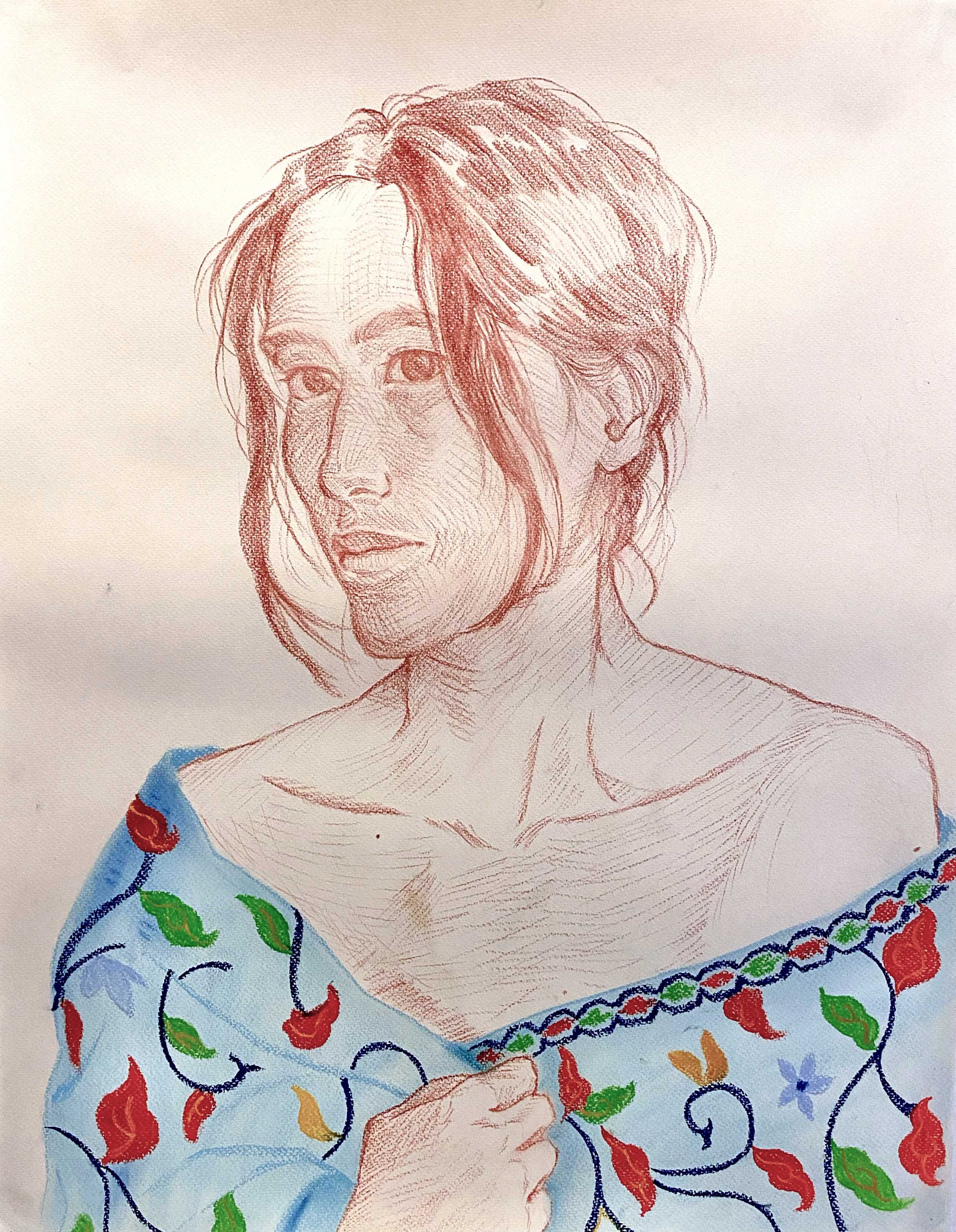 Nisaa' 2023. Red chalk, soft pastels, paper