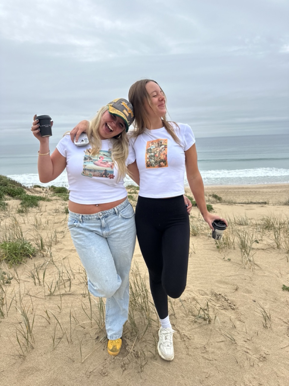 Friends in their tops they made at the Wear Your Memories workshop