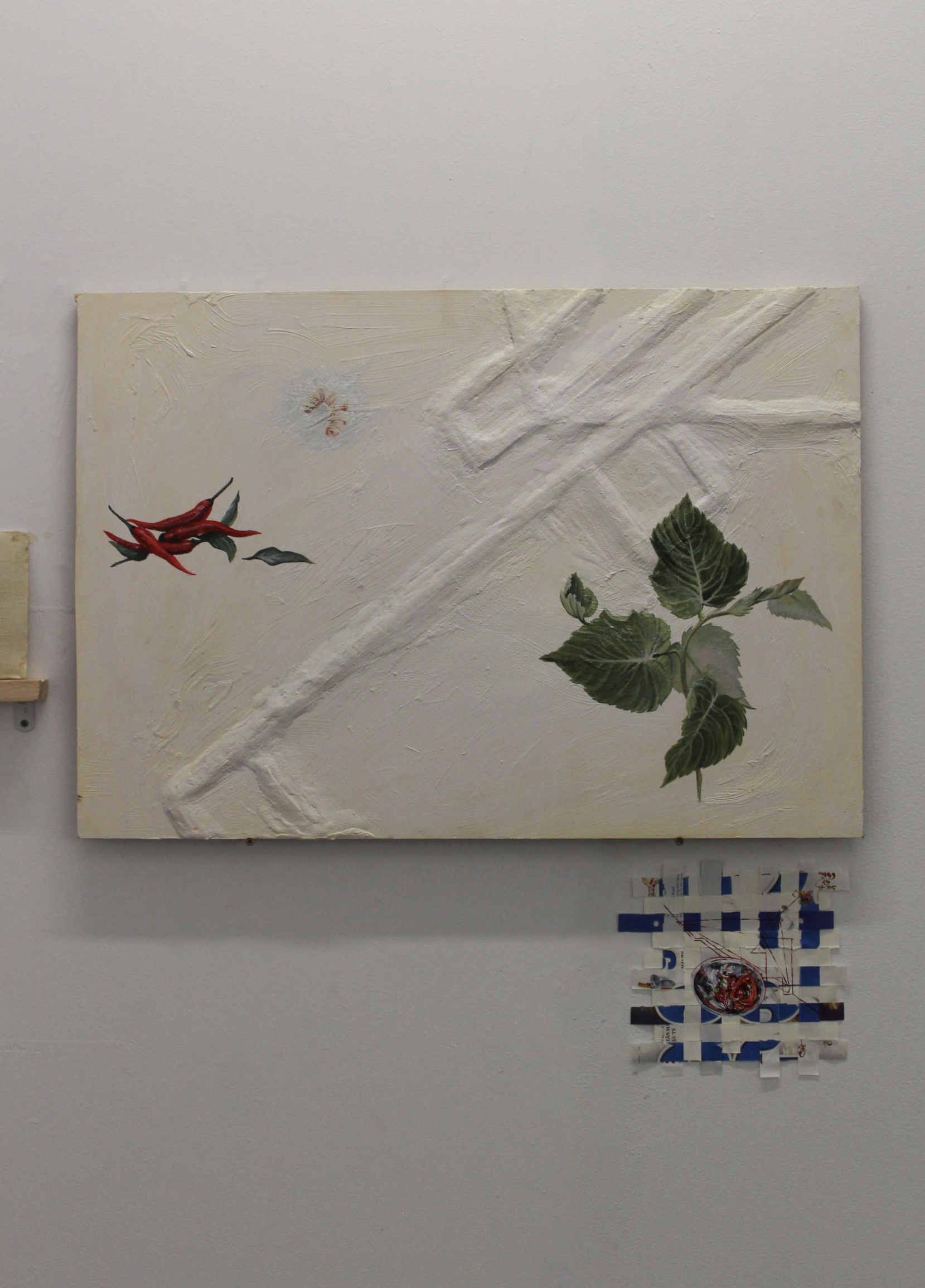 Ceramics, found milk crates, construction screws, oil on MDF board, wood panel, grout, and cardboard, acrylic on found paper