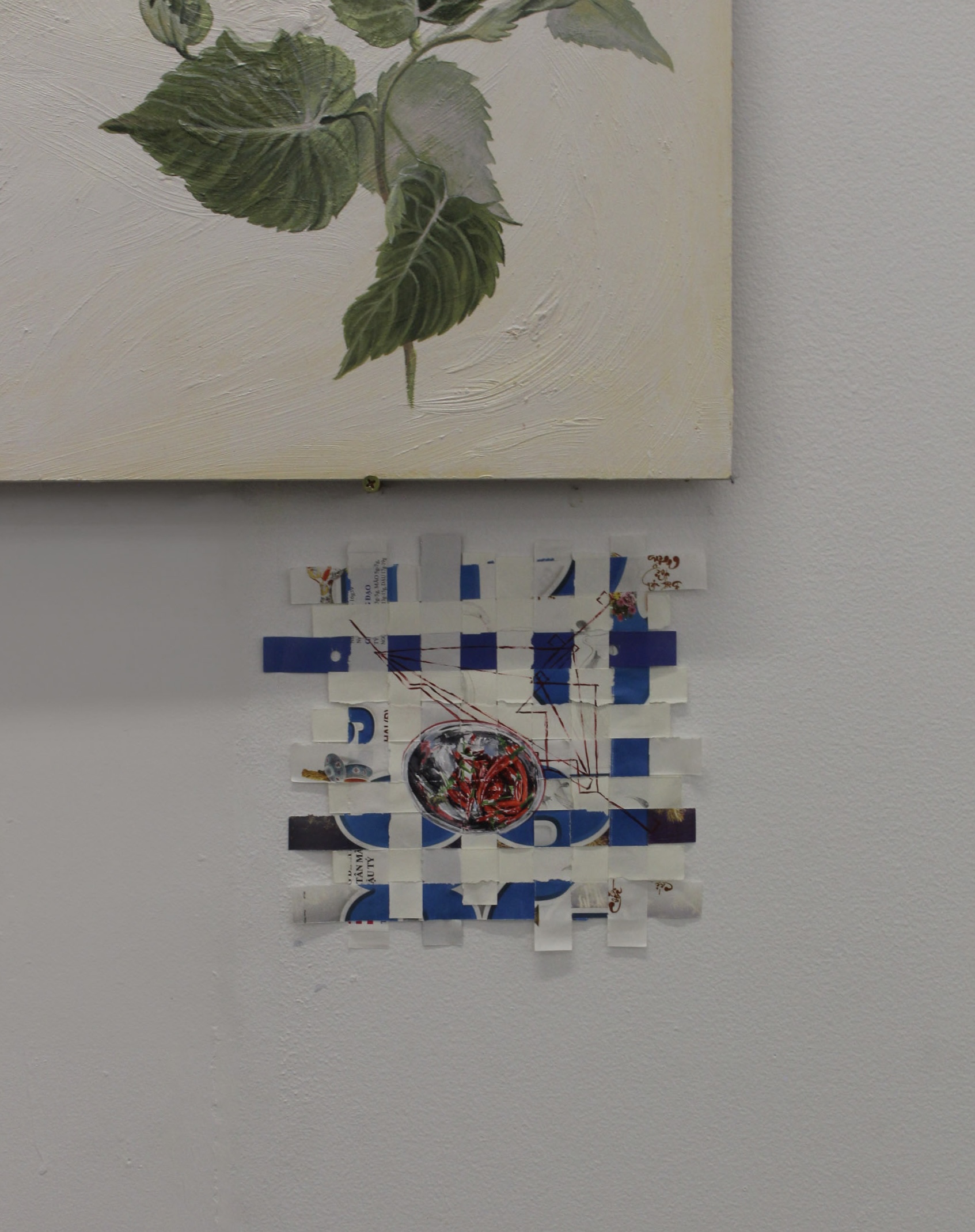Ceramics, found milk crates, construction screws, oil on MDF board, wood panel, grout, and cardboard, acrylic on found paper
