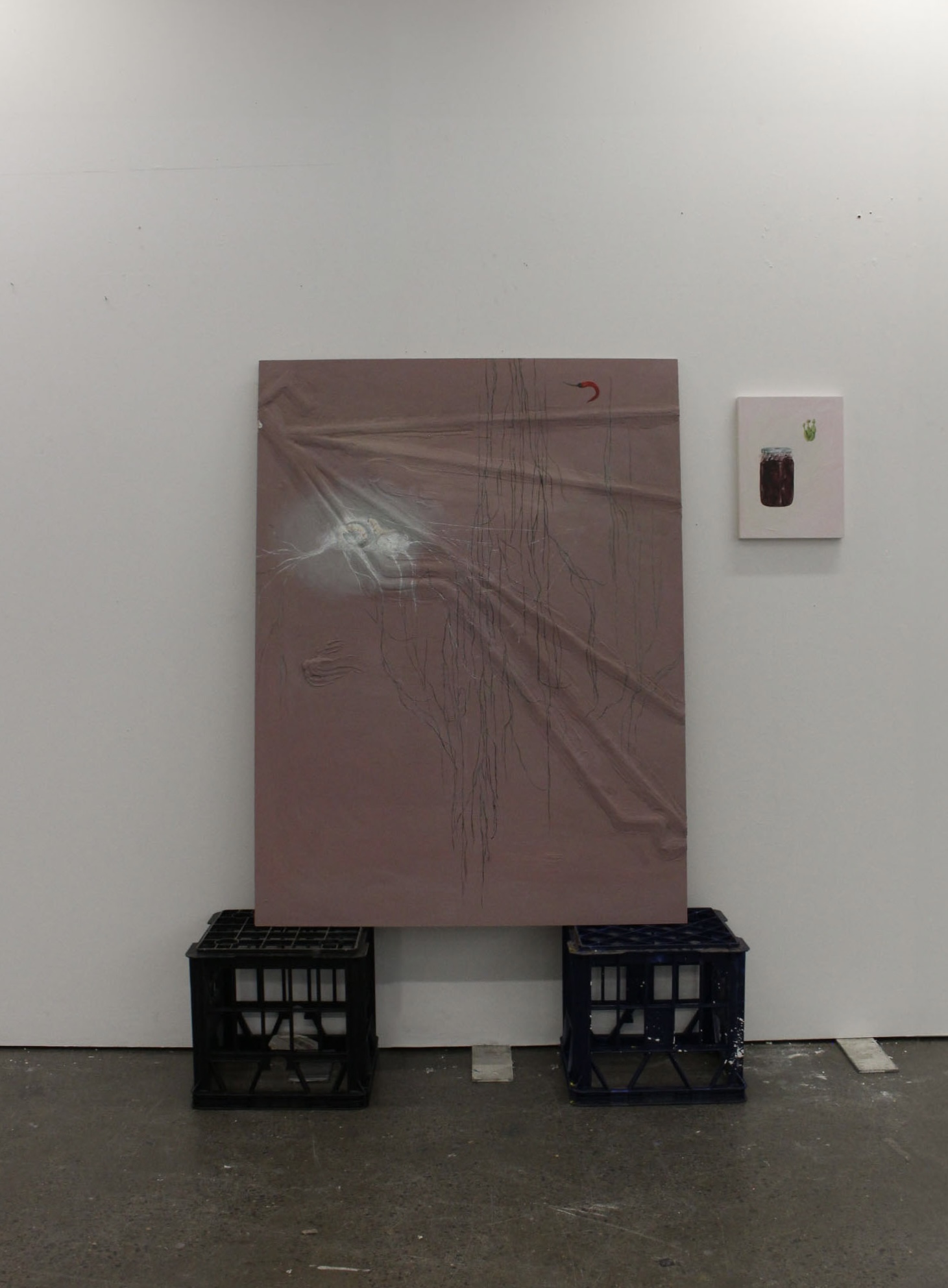 Ceramics, found milk crates, construction screws, oil on MDF board, wood panel, grout, and cardboard, acrylic on found paper