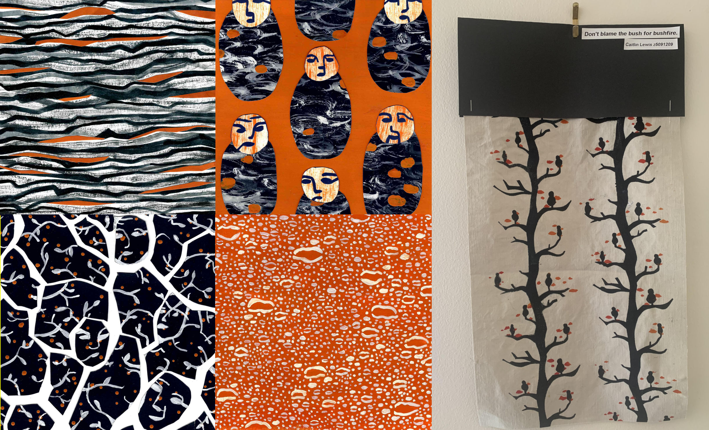 'Don't blame the bush for the bushfire (croquis for screenprinting)', 2021. Silk/linen, paper, acrylic paint, ink