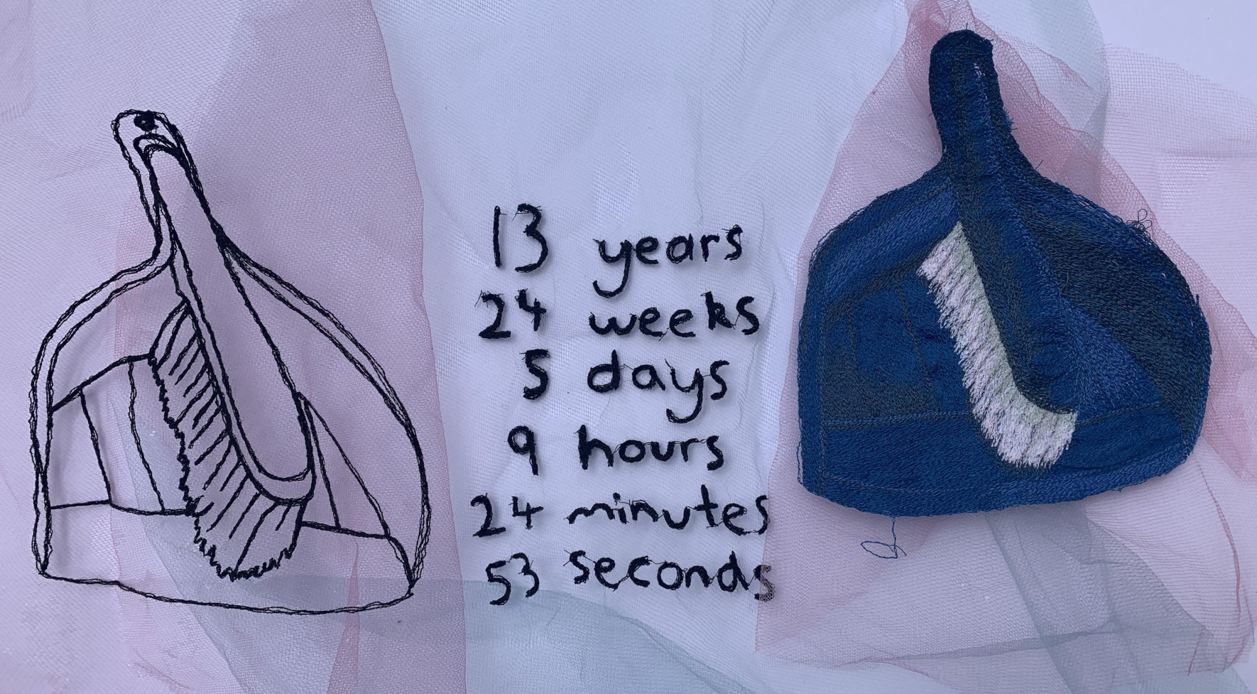 '13 years, 24 weeks, 5 days, 9 hours, 24 minutes, and 53 seconds (prototypes)', 2024. Tulle, thread