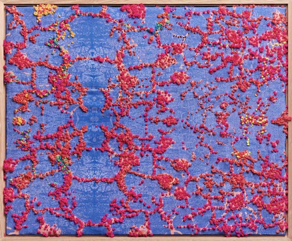 'Gossan, Junction Mine. Wilyakali Country (1)', 2022. Textile print on linen, hand sewn with wool. Tasmanian oak frame.