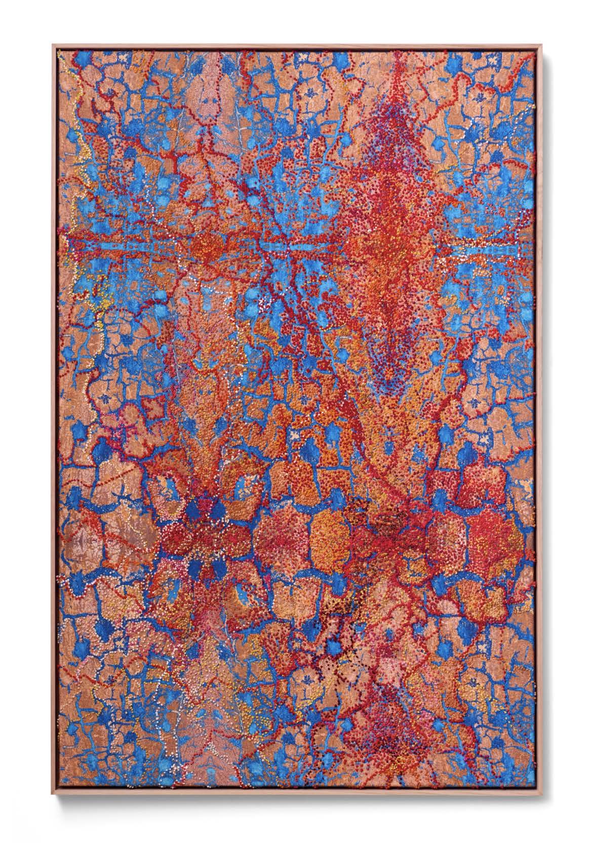 'The Broken Hill Cobalt Project, Wilyakali Country', 2024. Digital textile print on linen, embroidered with cotton thread and hand
