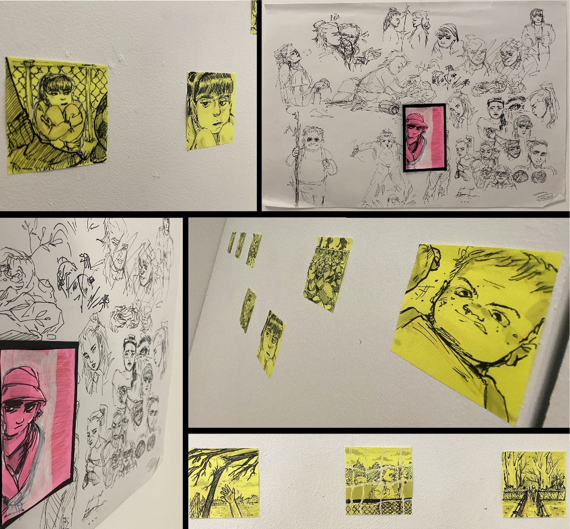 'HIVE', 2024. Pen/pencil/marker on sticky notes and paper; printed digital illustration