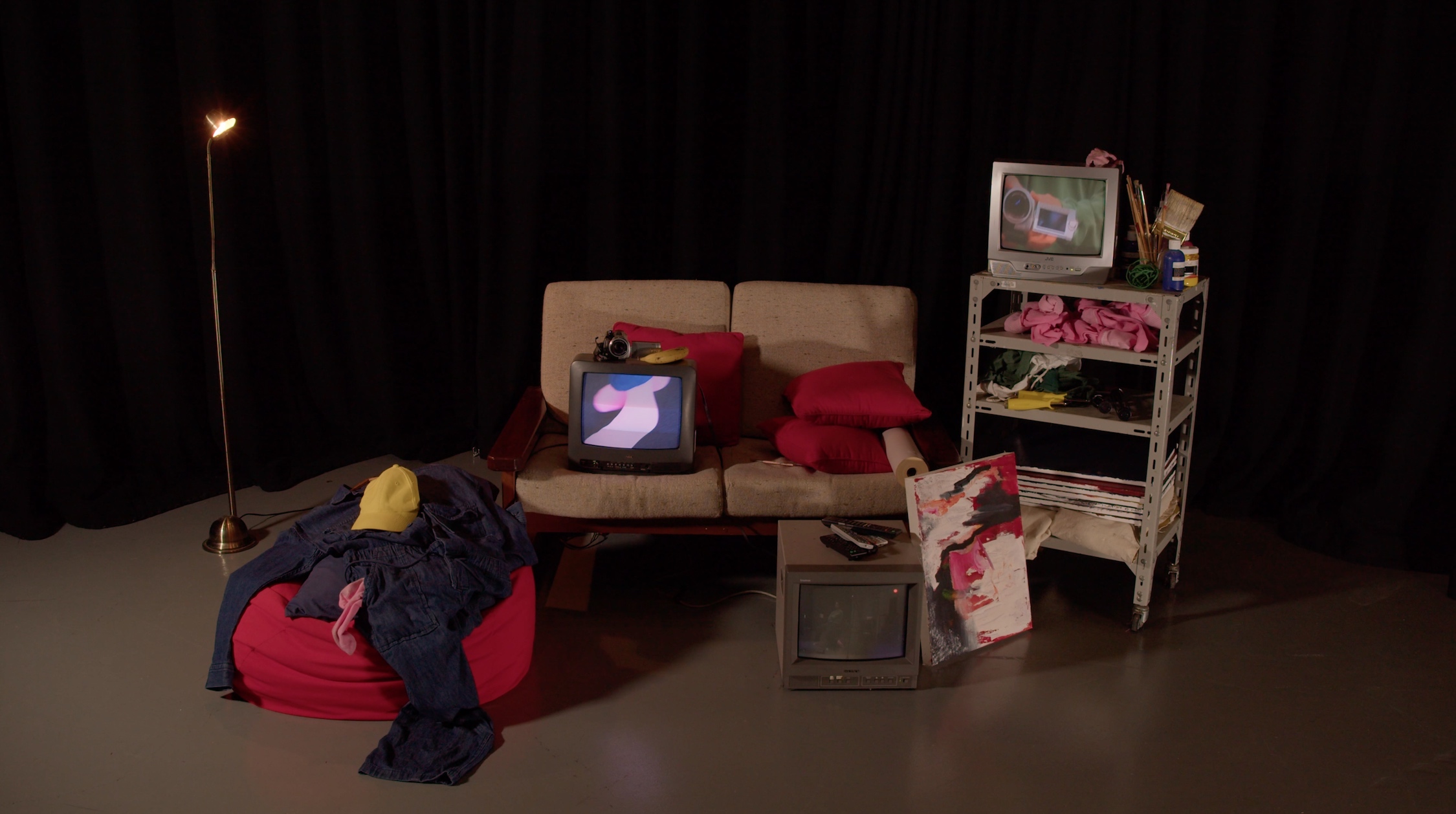 'Work install', 2024. Installation (with 3 channel video component)