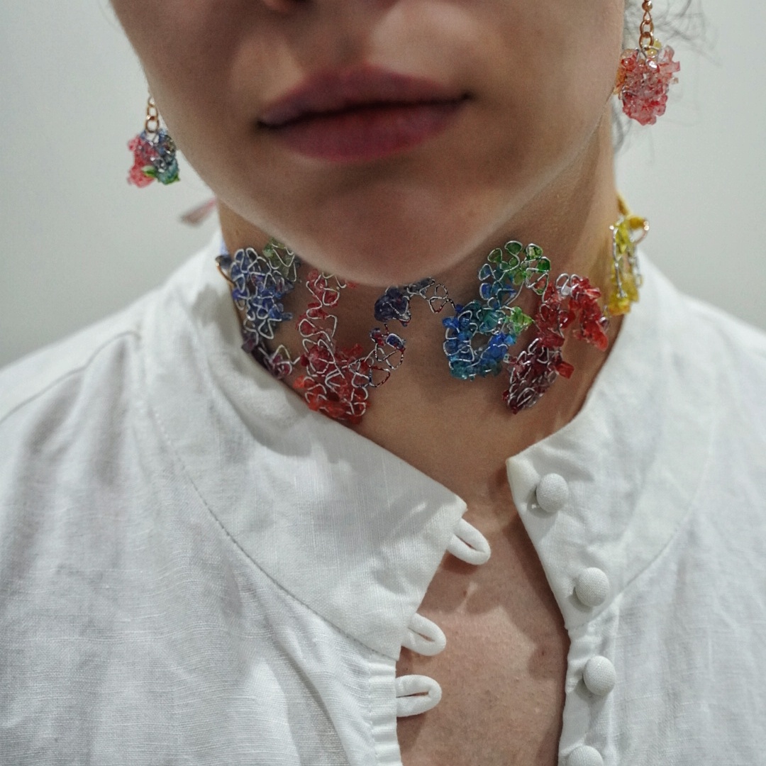 'Fragile culture-choker and earrings', 2024. Sugar