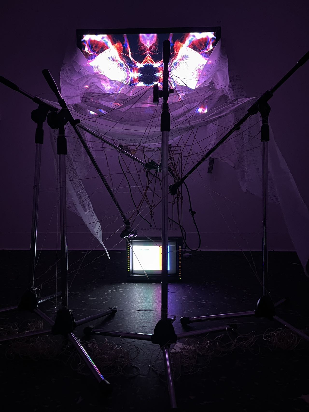 'The shape of family', 2024. Rct, 33 inch monitor, rope. wire, Microphone stand, Fabric