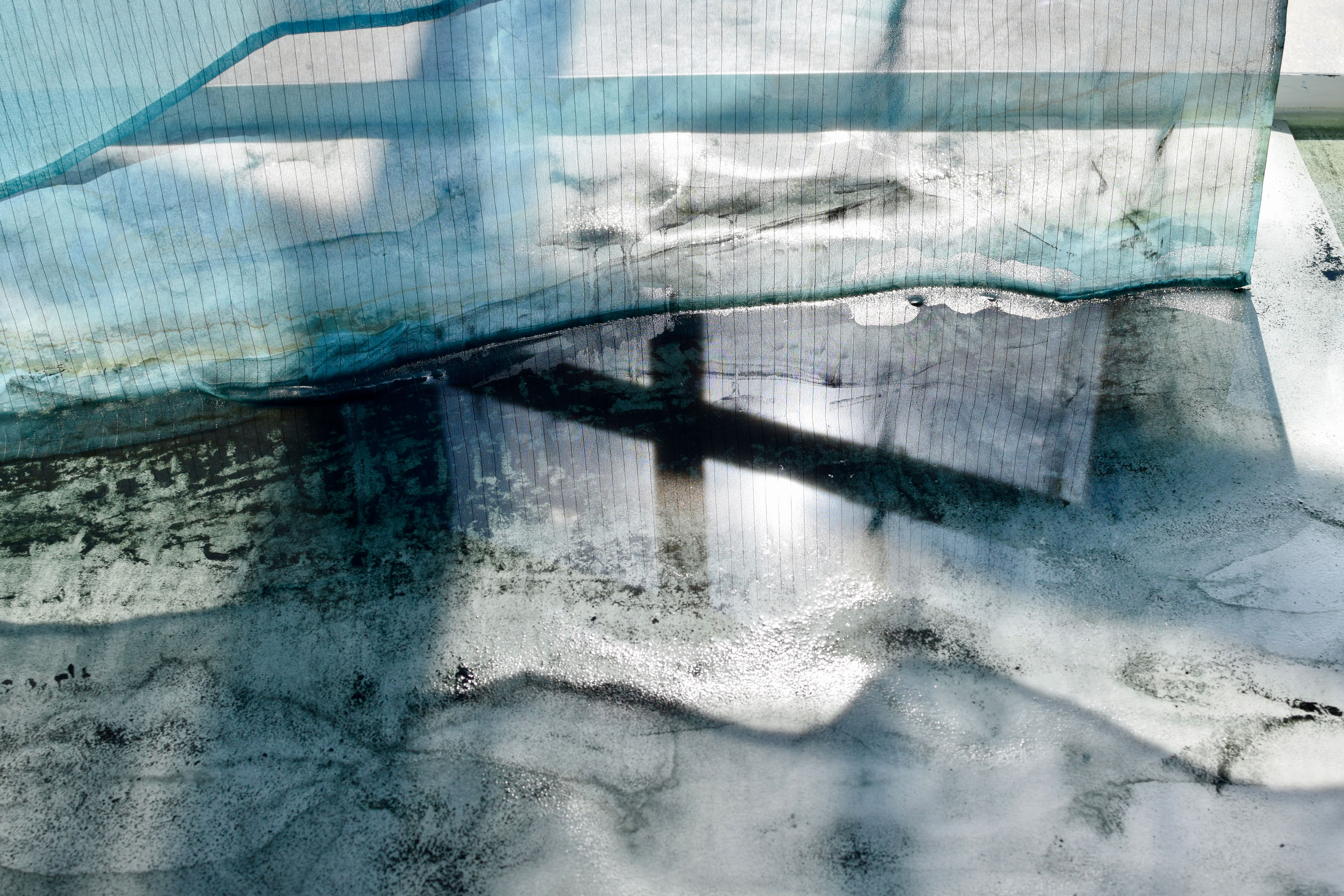 'sangam (detail)', 2024. Natural indigo dye, Terracotta, Cobalt, Silk, Linen
