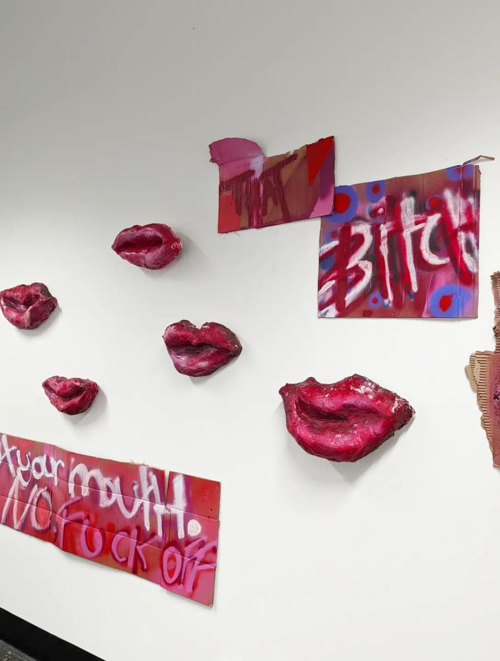 Enamel spray paint, plaster, cloth, chicken wire, cardboard