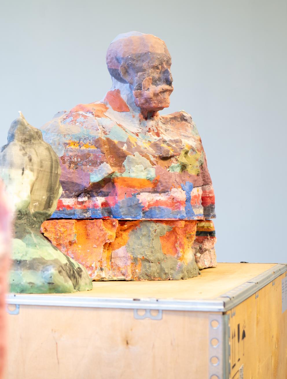 '‘Send-Off’ install shot', 2023. Wax mixed with oil paint on wooden transport crates. Photography by Richard Trang. Image courtesy of the artist.