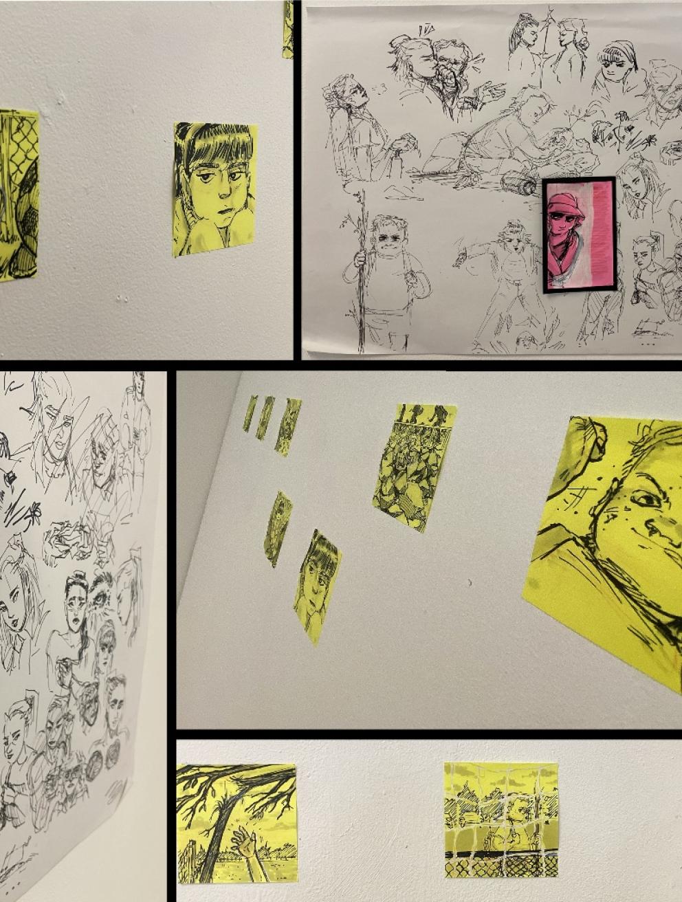 'HIVE', 2024. Pen/pencil/marker on sticky notes and paper; printed digital illustration