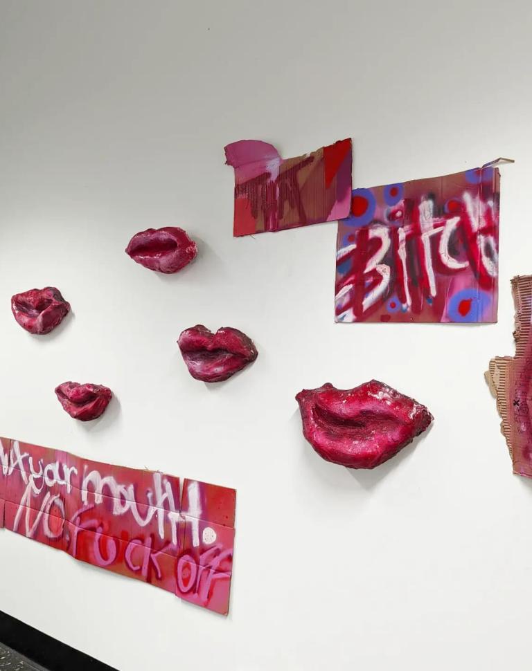 Enamel spray paint, plaster, cloth, chicken wire, cardboard