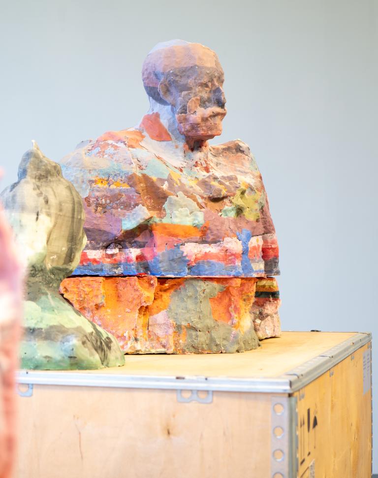 '‘Send-Off’ install shot', 2023. Wax mixed with oil paint on wooden transport crates. Photography by Richard Trang. Image courtesy of the artist.
