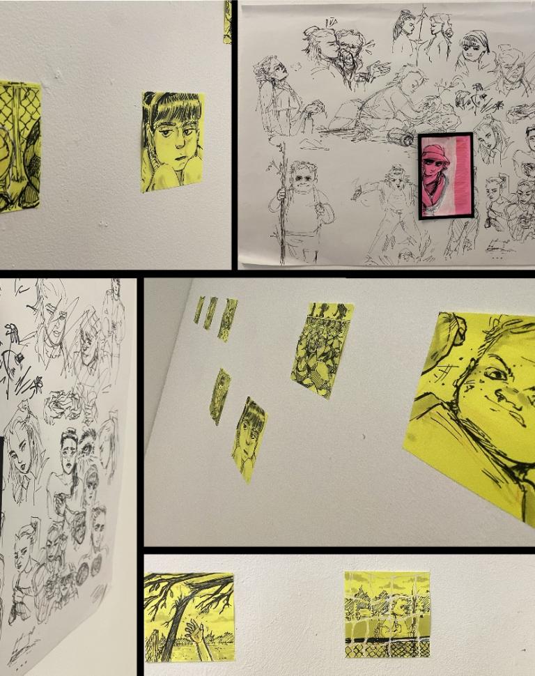 'HIVE', 2024. Pen/pencil/marker on sticky notes and paper; printed digital illustration