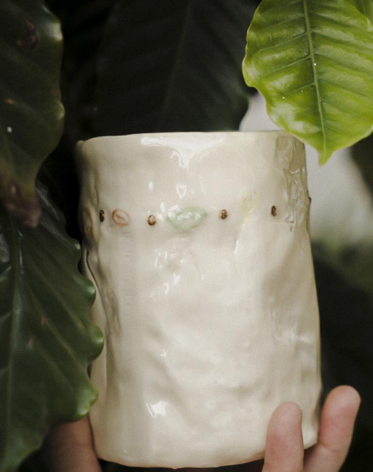 'FROM SEED TO CUP', 2024. Ceramic, textile