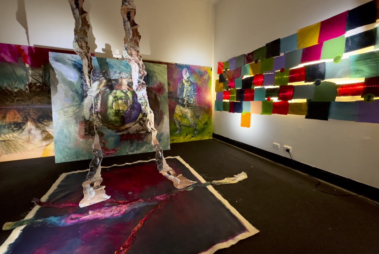 'Excerpt from Feeling Anxious? There that's Better.', 2025. Acrylic paint, canvas, digital prints, assemblage