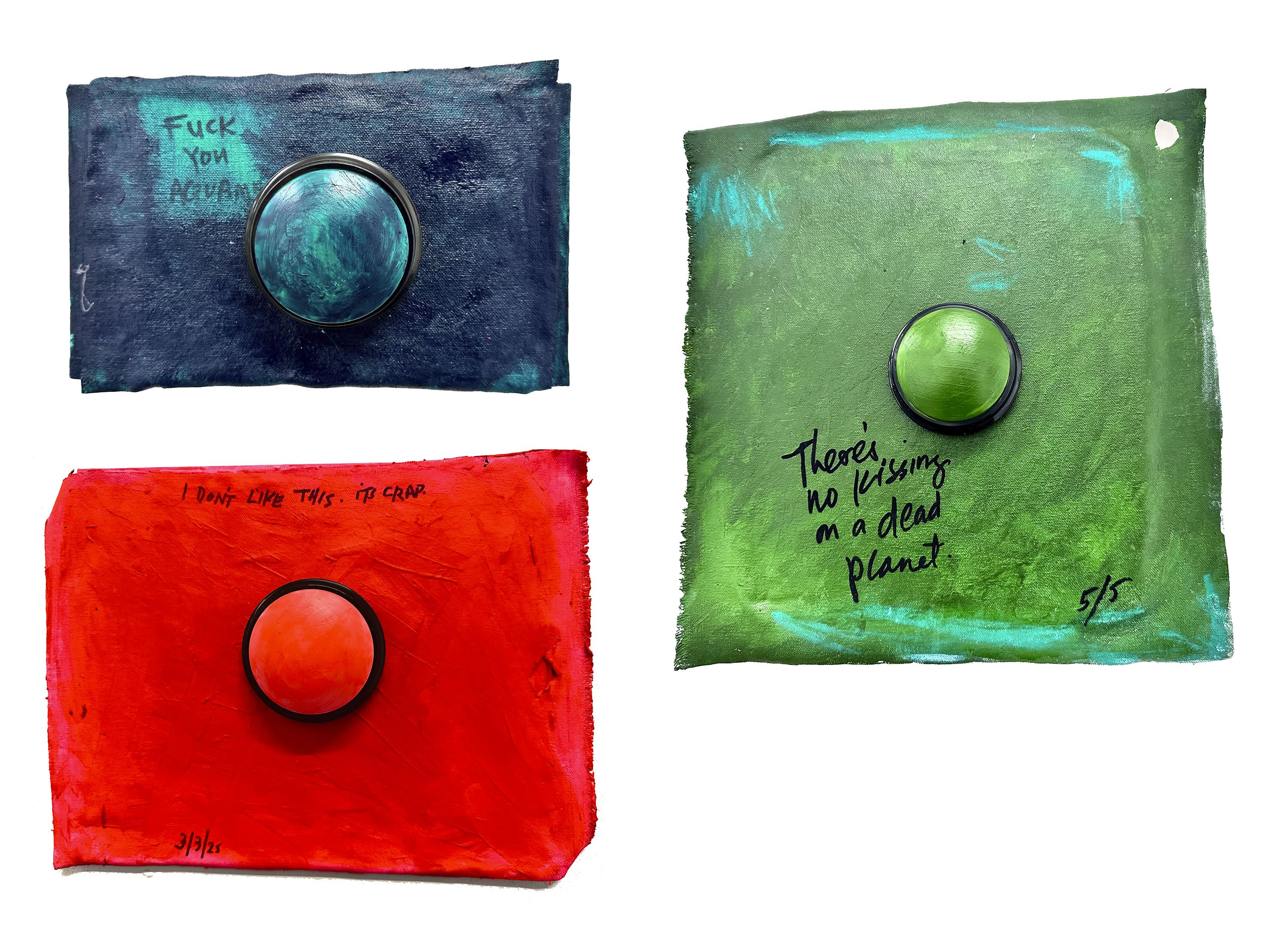 'Excerpt from Feeling Anxious? There that's Better.', 2025. Acrylic paint, ink, canvas, plastic sound buttons, assemblage