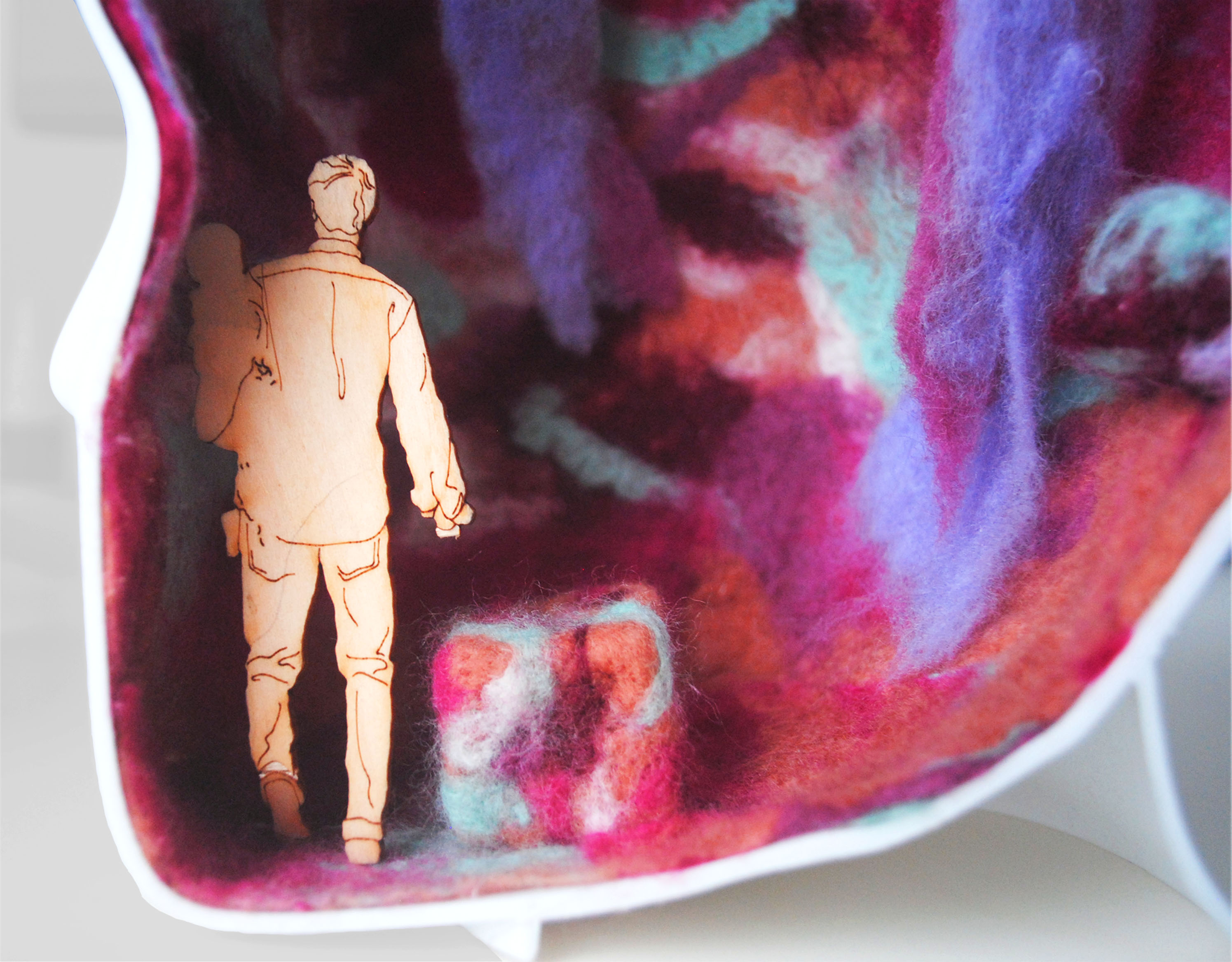 'Felt Noise', 2025. Felted wool fibre, 3D printed PLA filament, laser cut plywood