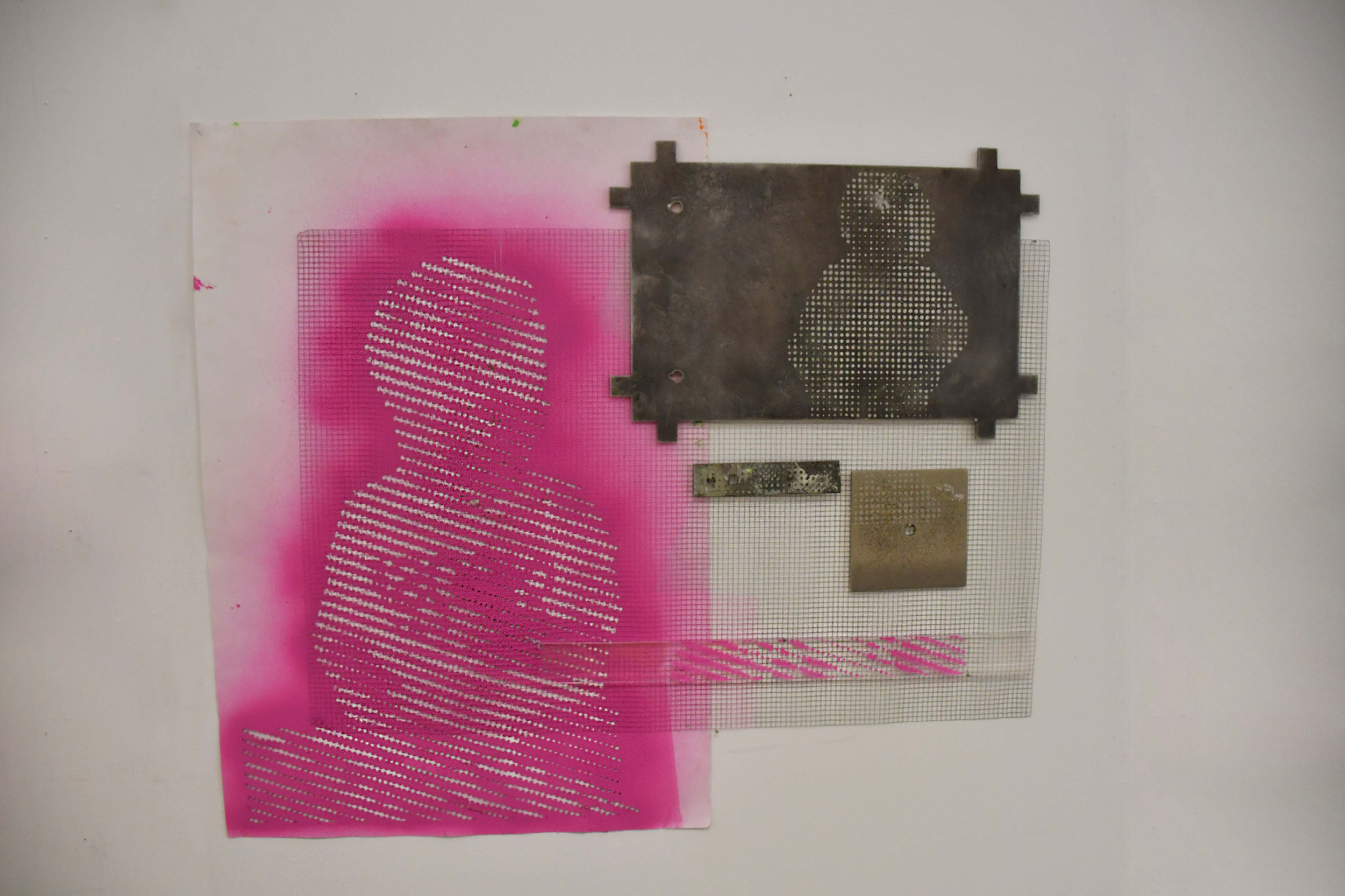 'Separation', 2025. Acrylic on paper and plastic, sandblasted metal, metal wire, nails
