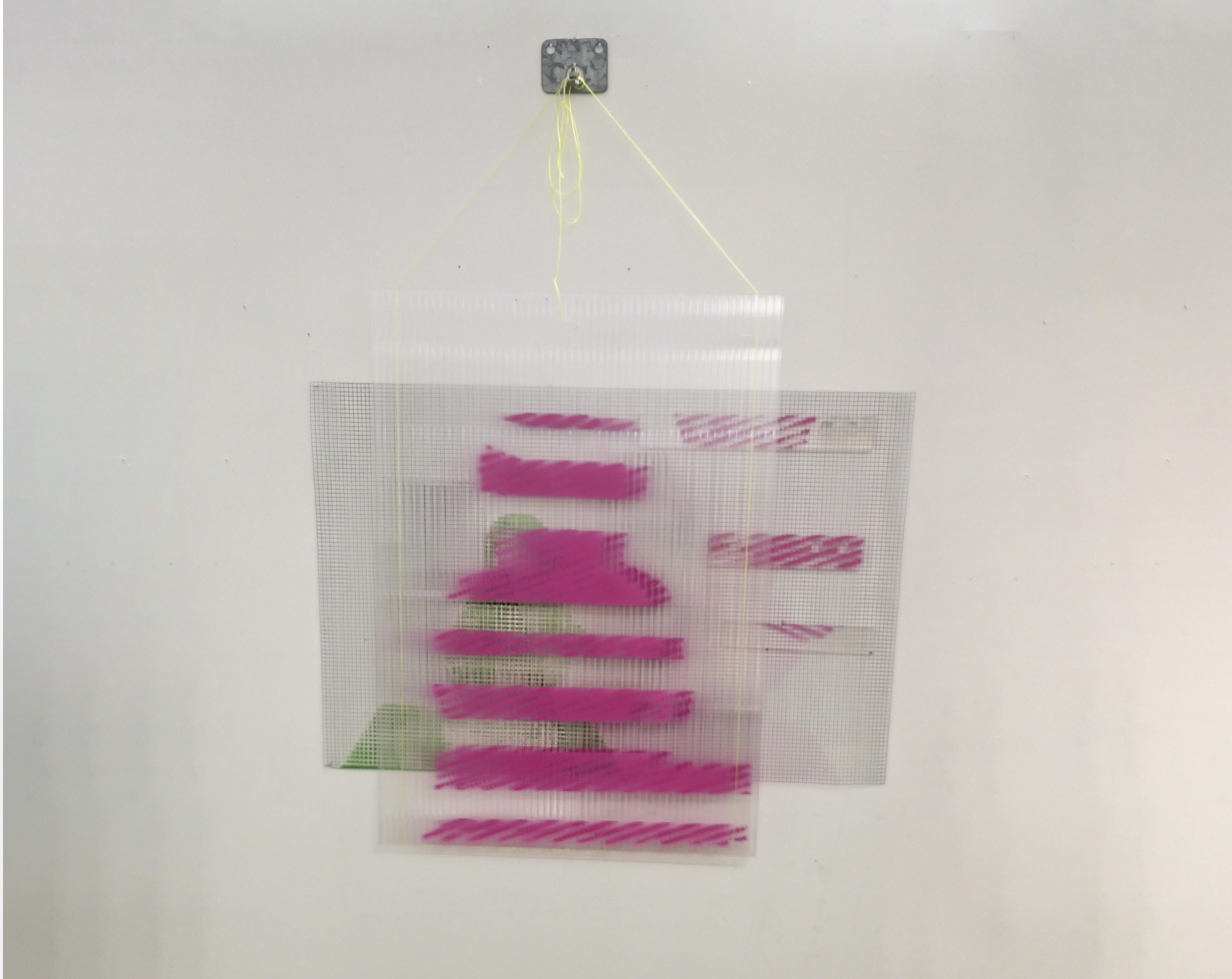 'Segments', 2025. Acrylic on polycarbonate, plastic, wire and paper, string