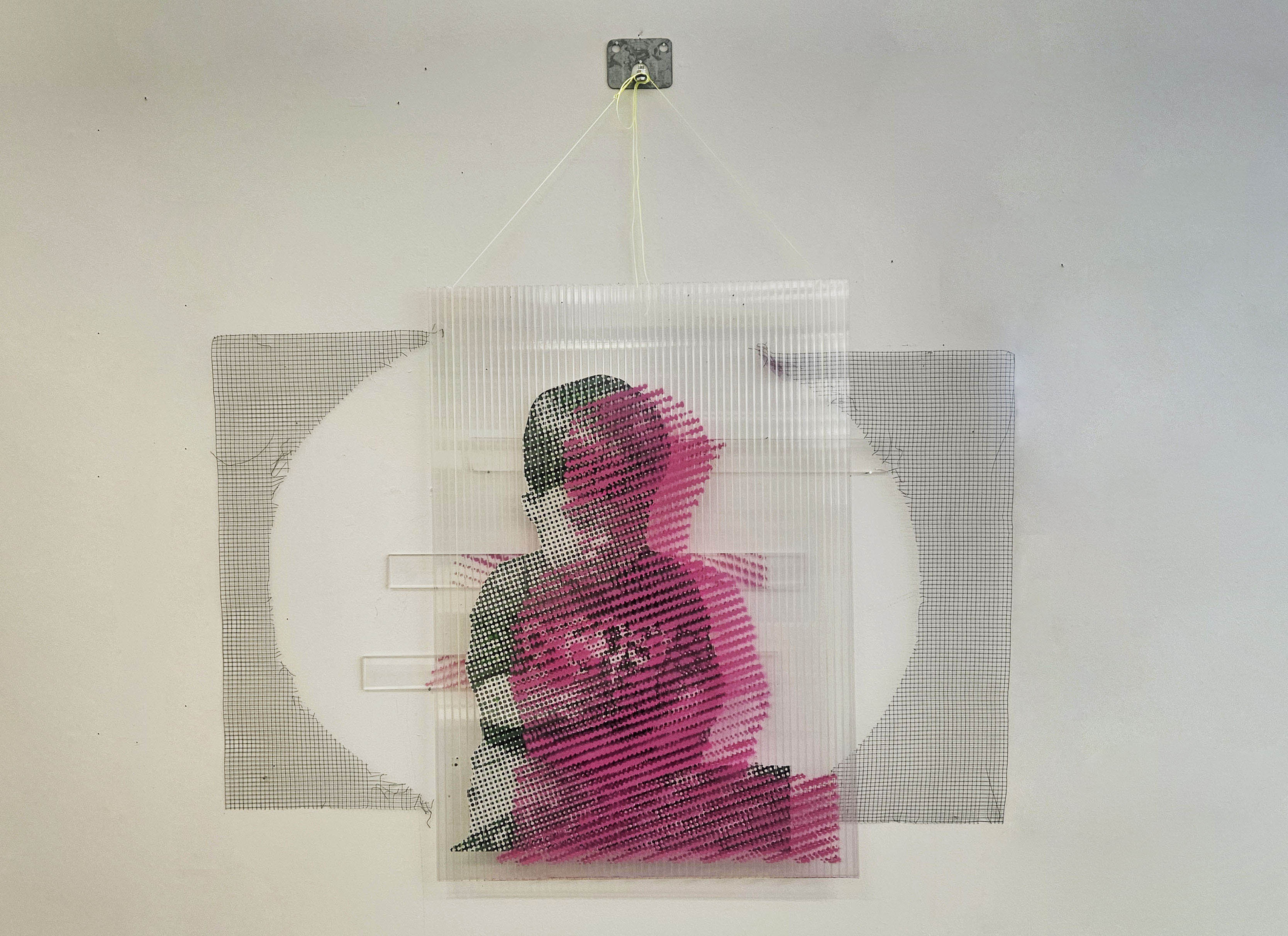 'Dissolution', 2025. Acrylic on polycarbonate, paper and plastic, metal, string