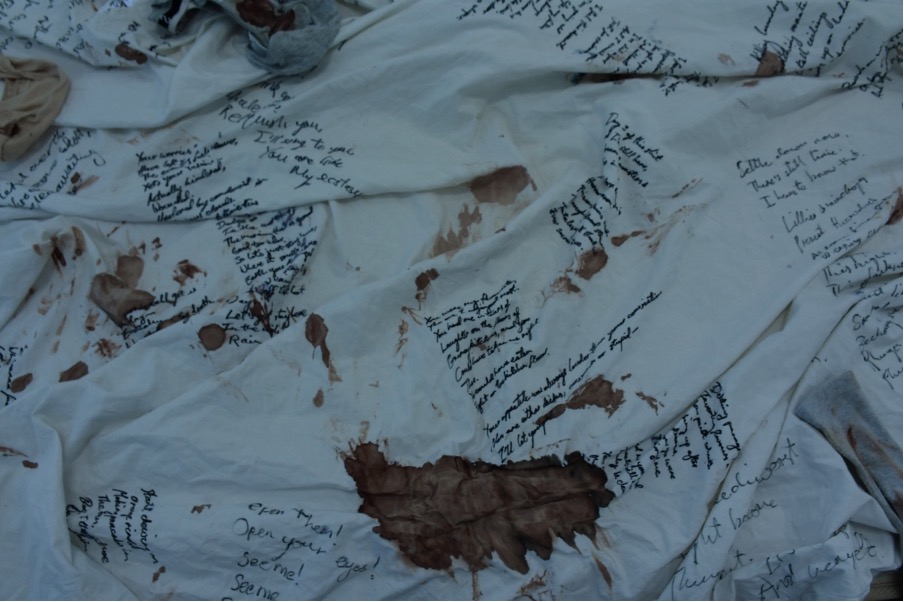 'Viscous Dreams #2', 2025. Pen on bedsheet, mattress, video installation (48 min duration)
