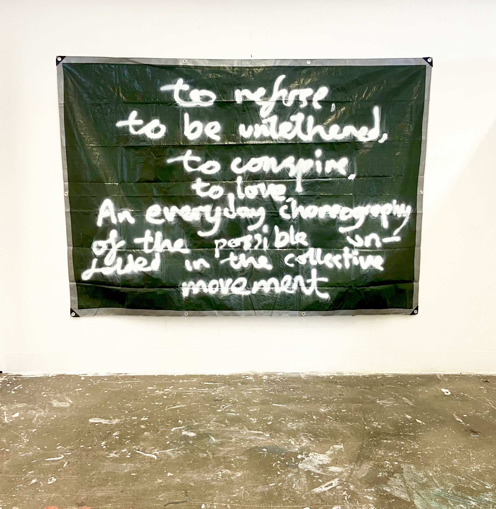 'Verbs', 2025. Tarpaulin, spray paint