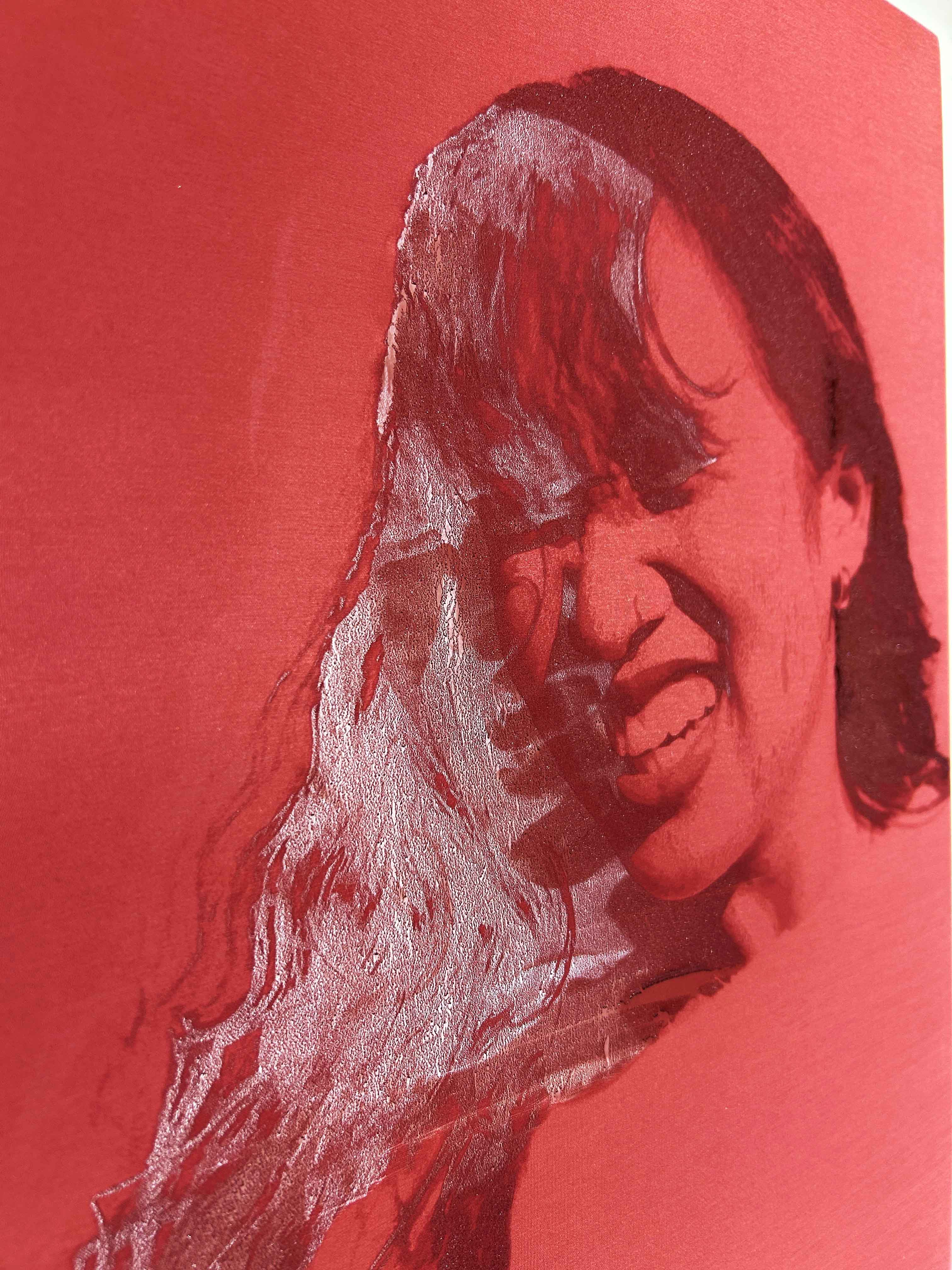 'Reality Check', 2025. Oil paint on canvas, laser etchings on synthetic fabric