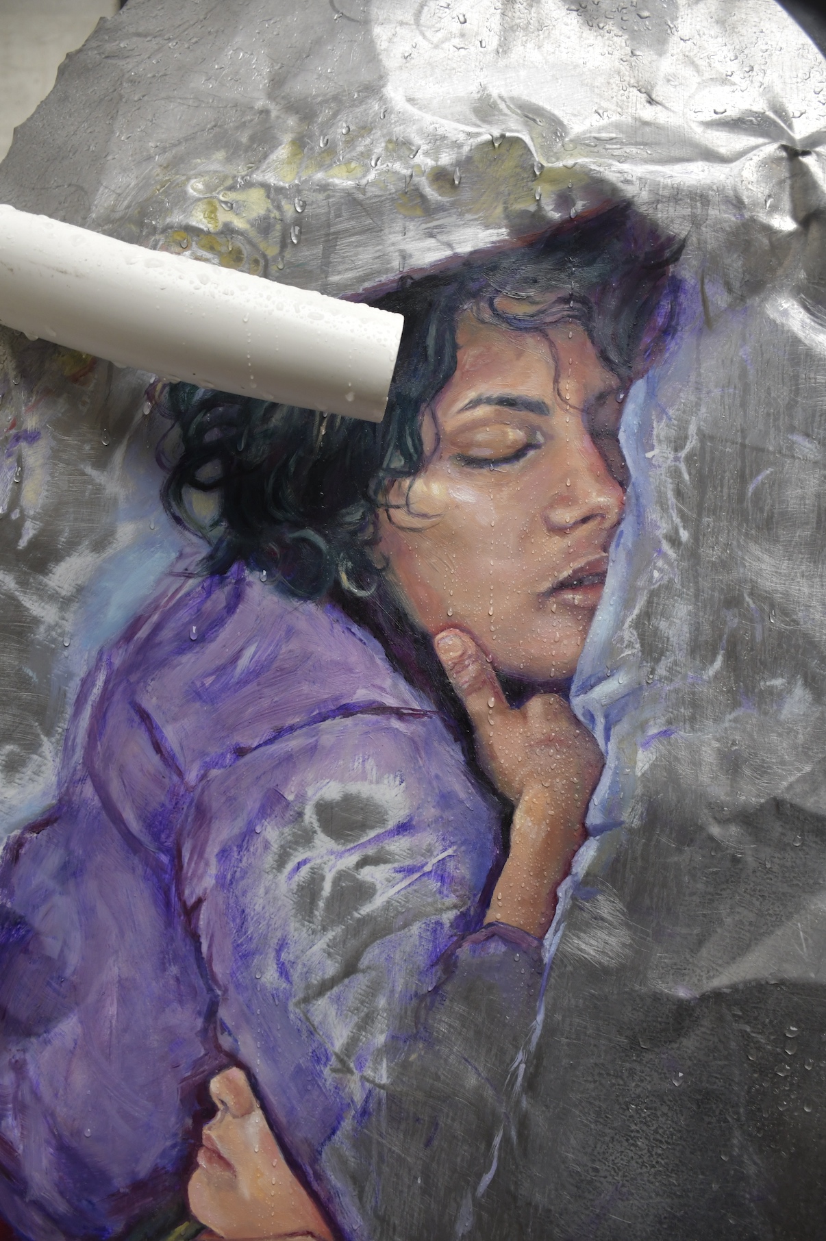 'Ruptured Between', 2025. Recycled metal sheets (roofing and otherwise), pipes, paint, gelatine