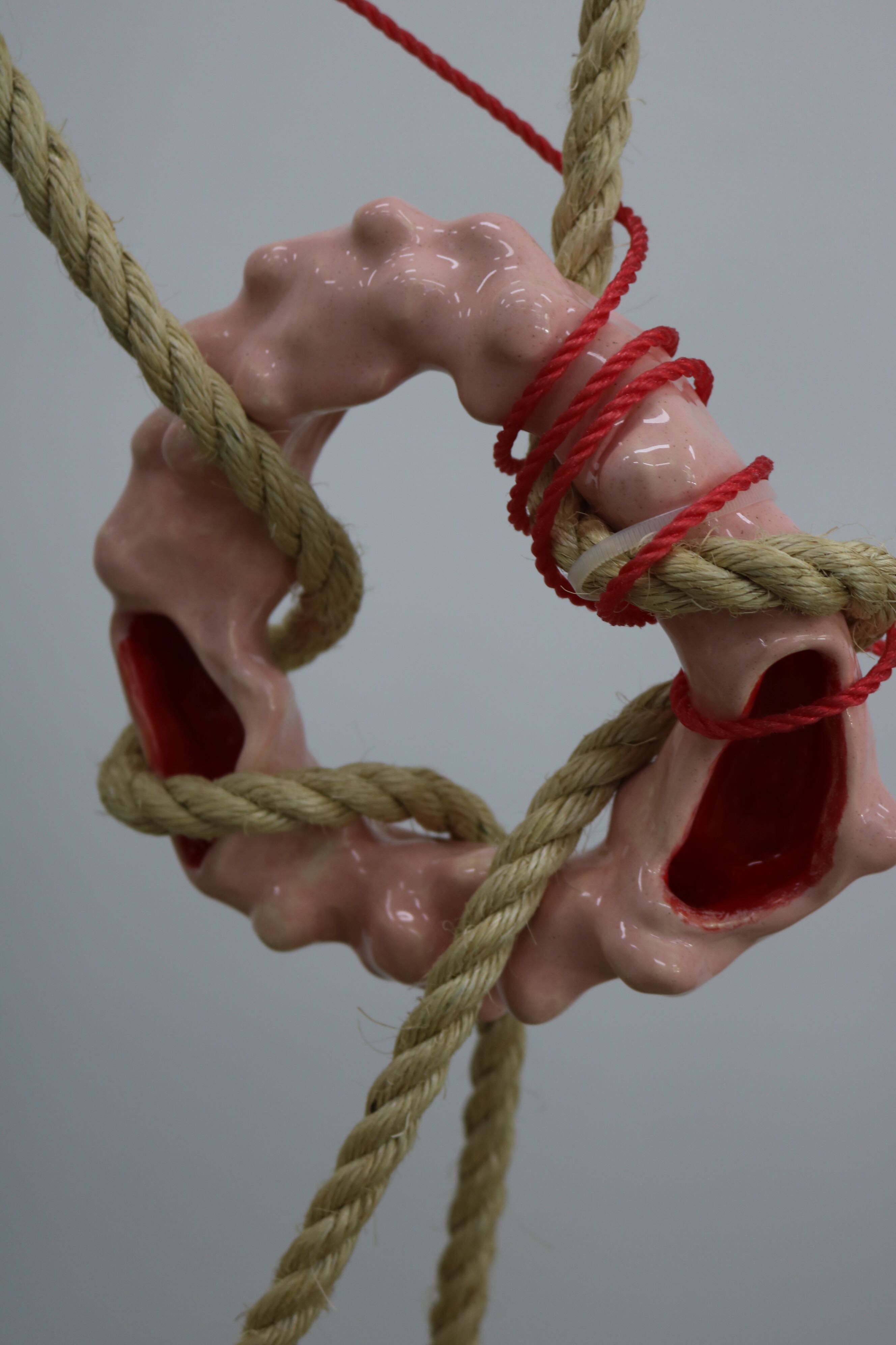 'Fleshscape', 2025. Glazed earthenware, rope, timber