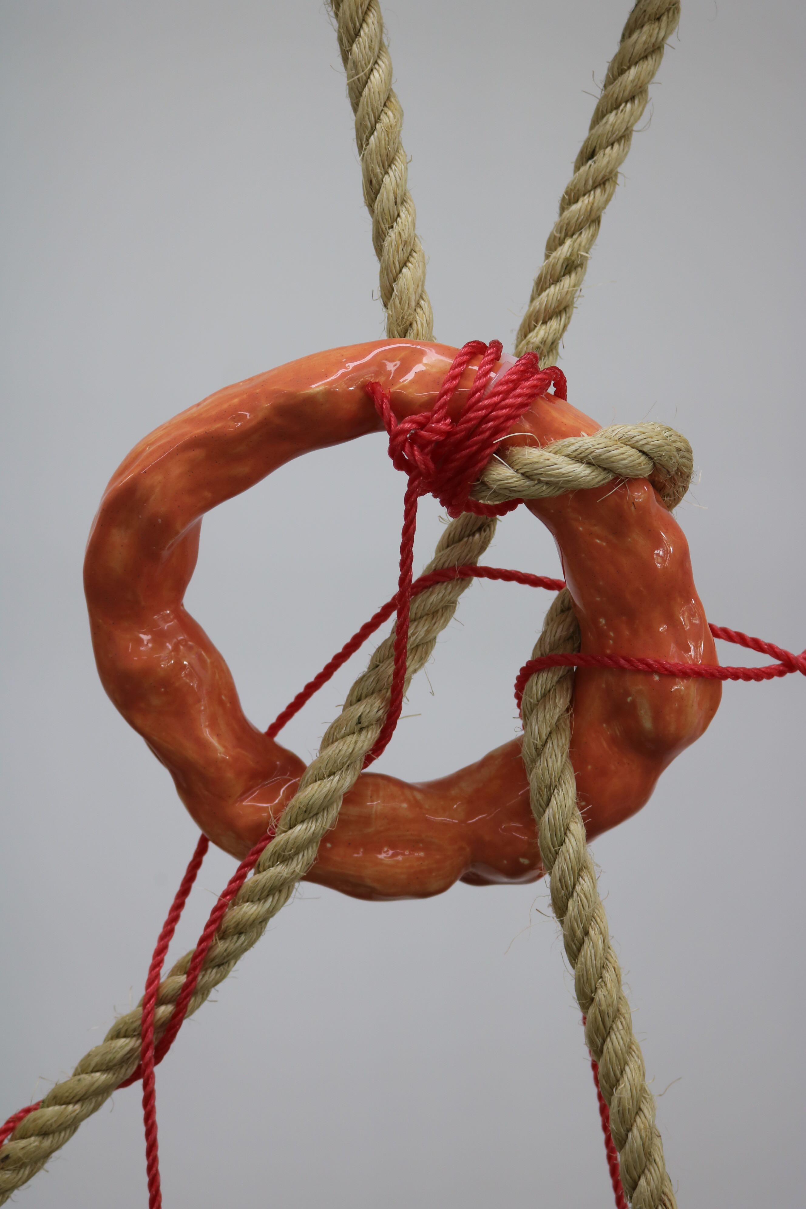'Fleshscape', 2025. Glazed earthenware, rope, timber
