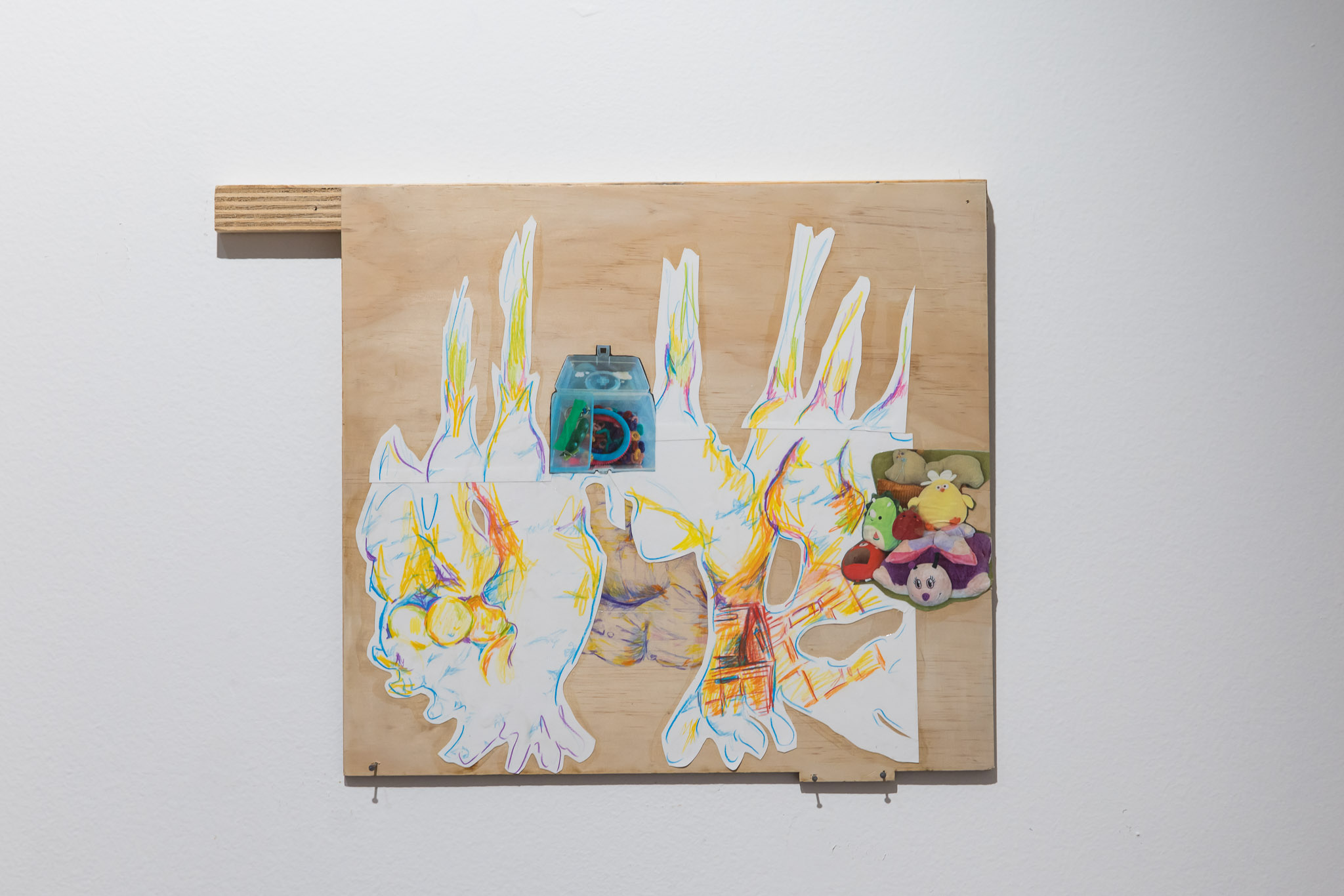'Gingerly', 2025. Images on paper, pencil, found wood and PVA glue
