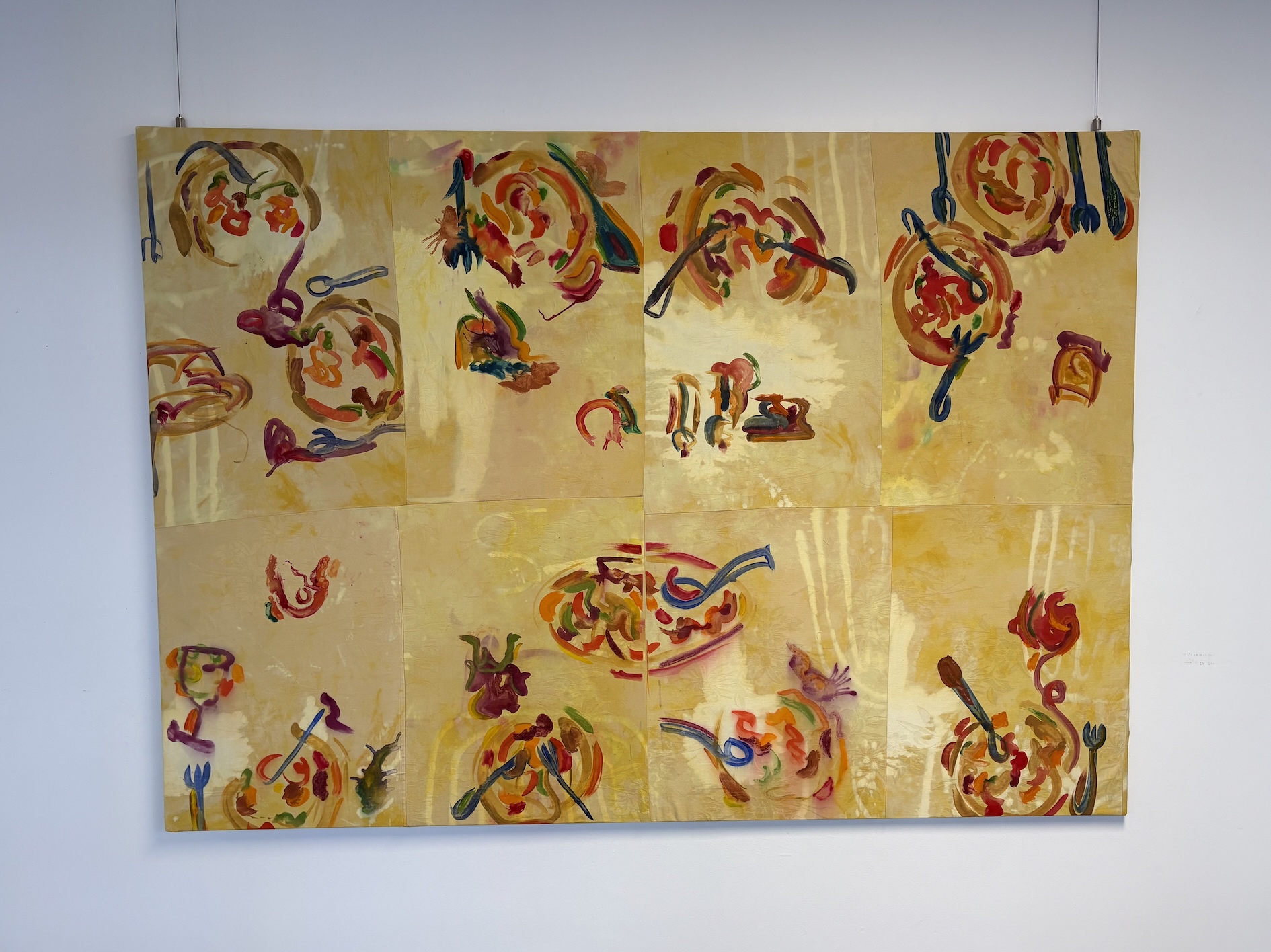 'We Had Spag Bol Again', 2025. Monoprinting on upcycled tablecloth