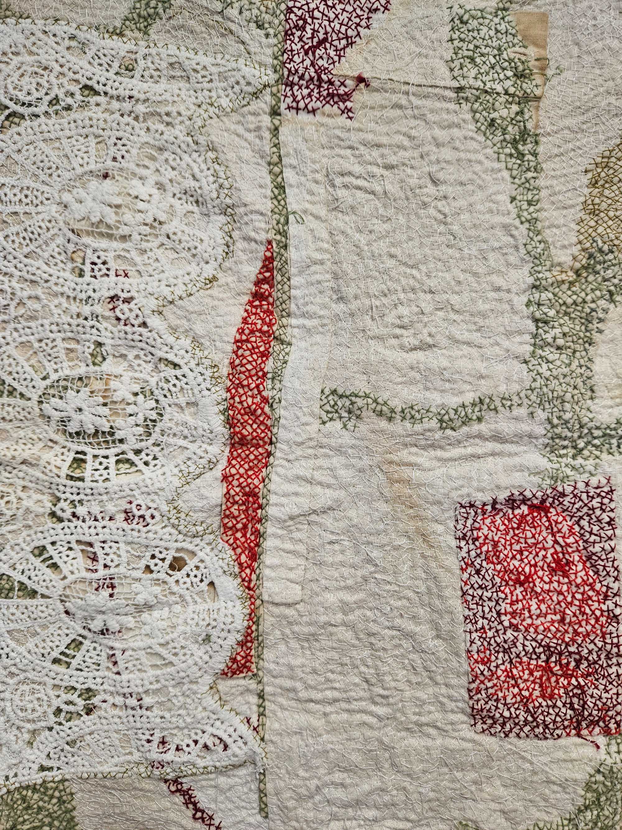 'Remediation XIII, detail', 2025. Tea stain, garment lace, recycled thread and sewing thread on shirt
