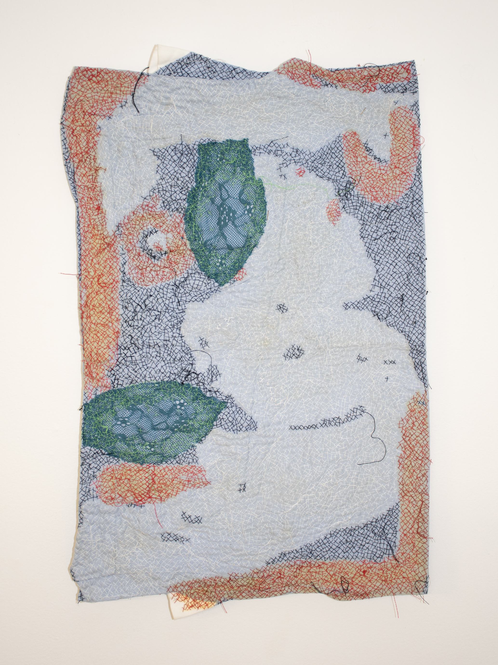 'Remediation III', 2022. Turmeric and beetroot dye, bra lace and thread on shirt
