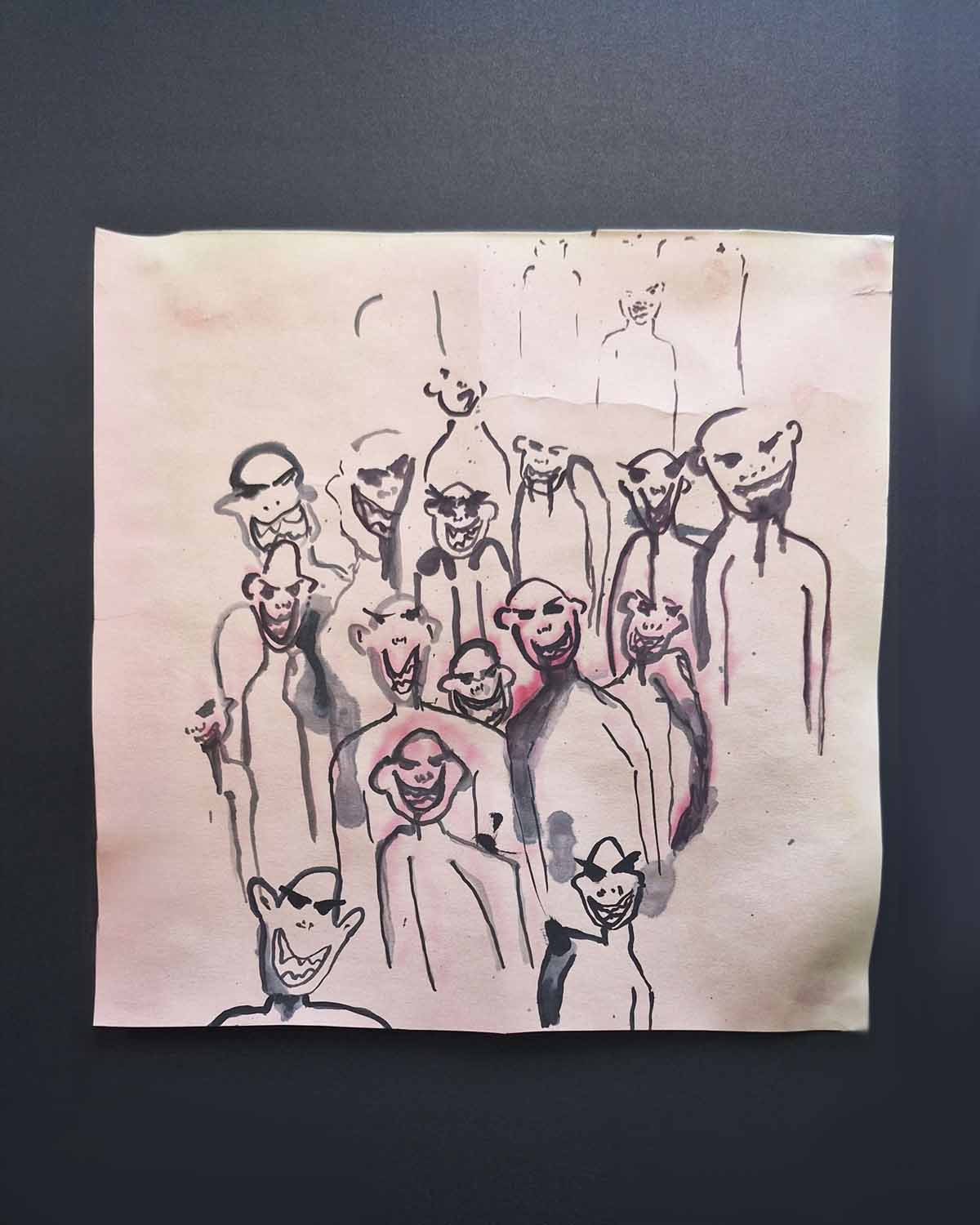 'Hungry Men', 2025. Pink paper, black ink