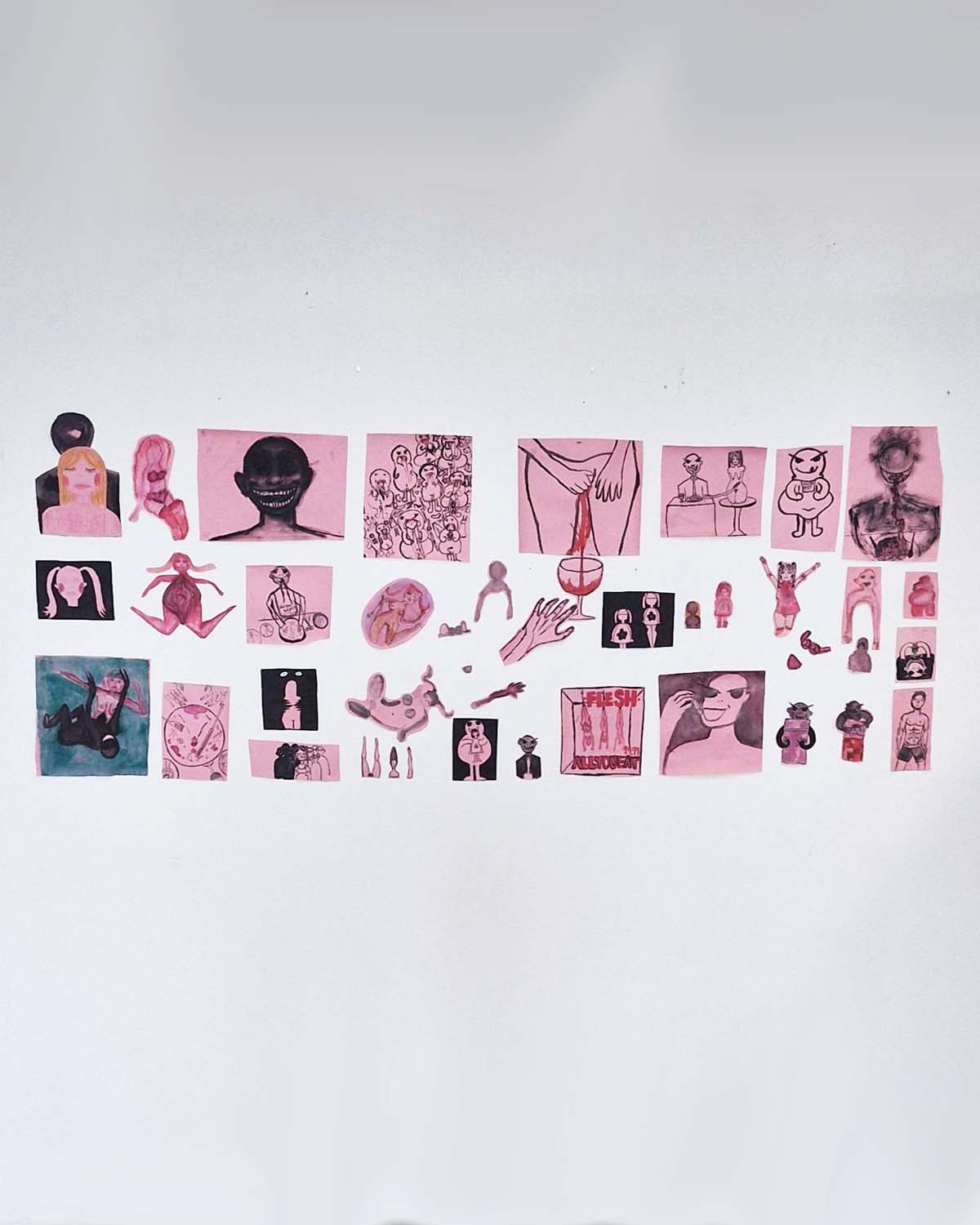 'Hungry Men', 2025. Pink paper, black ink, red ink, pastels 