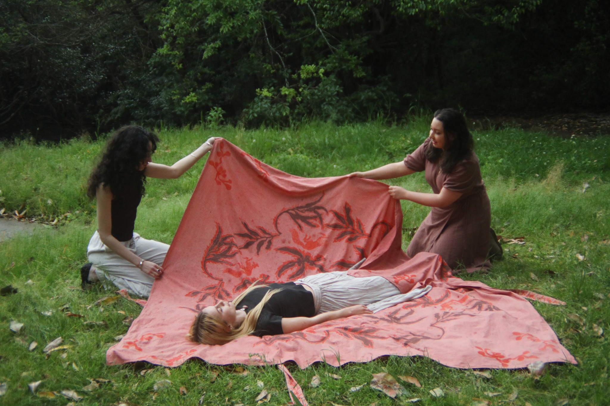 'Dyeing for the earth: Rituals for safe passage', 2025. Calico, naturally dyed with madder