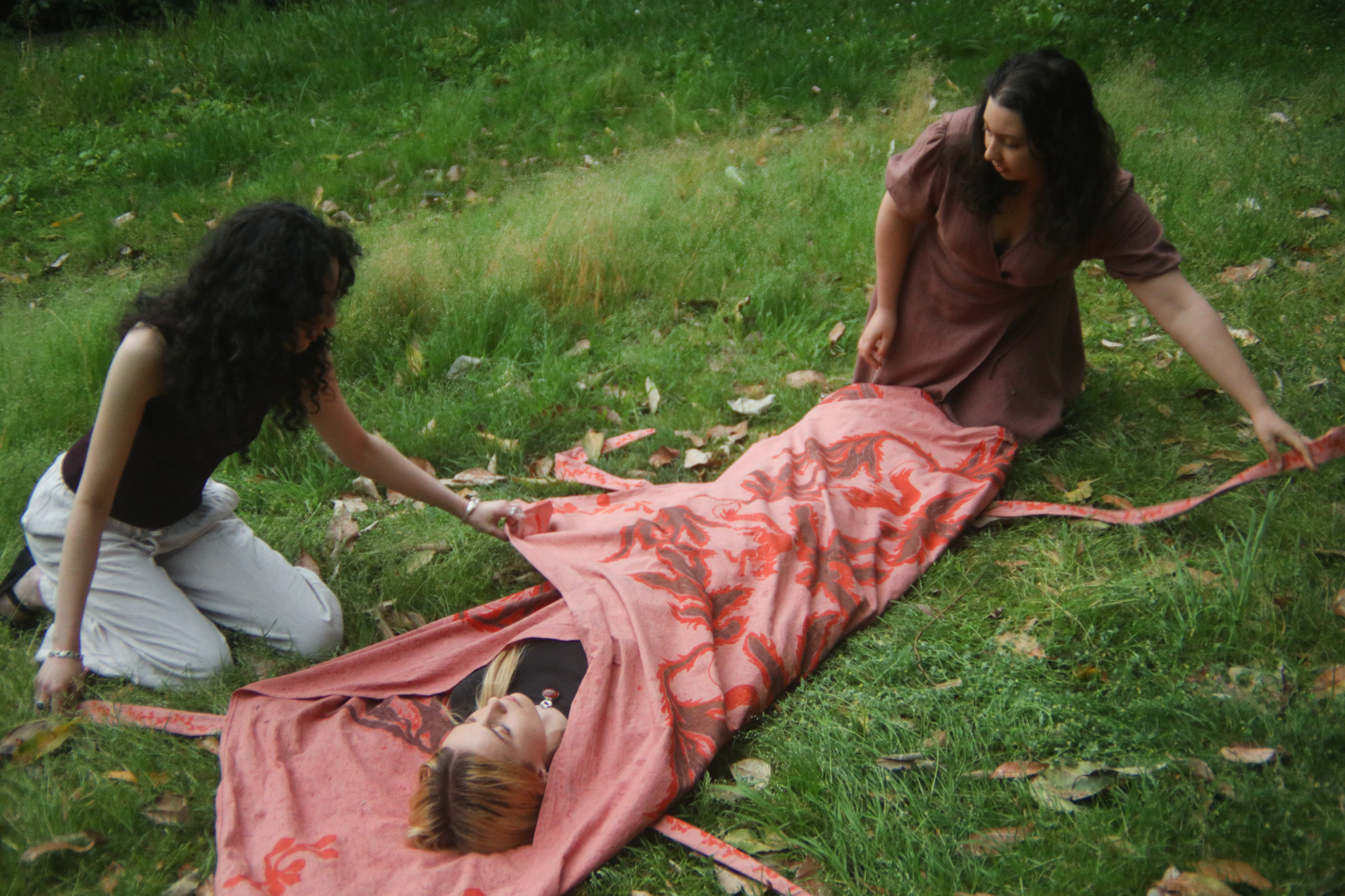 'Dyeing for the earth: Rituals for safe passage', 2025. Calico, naturally dyed with madder